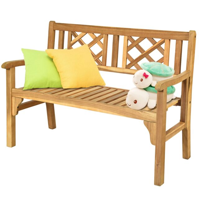 Costway Foldable Garden Bench Indoor Outdoor Acacia Wood Loveseat in Natural