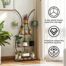 ERGOVEXA 5 Tiers Wood Vase Shape Plant Stand Bonsai Display Rack Hooks in Black - thumbnail 4