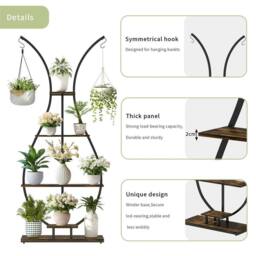 ERGOVEXA 5 Tiers Wood Vase Shape Plant Stand Bonsai Display Rack Hooks in Black - thumbnail 3