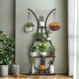 ERGOVEXA 5 Tiers Wood Vase Shape Plant Stand Bonsai Display Rack Hooks in Black - thumbnail 5