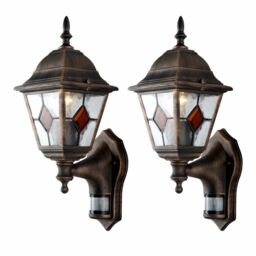 First Choice Lighting Set of 2 Morecambe - Black Brushed Gold PIR Sensor Outdoor Wall Lights - thumbnail 1