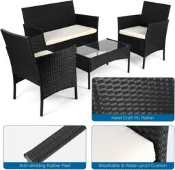 Lishetimig 4-Piece Rattan Garden Furniture Set with Glass Coffee Table & Cushions in Black - thumbnail 5