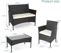 Lishetimig 4-Piece Rattan Garden Furniture Set with Glass Coffee Table & Cushions in Black - thumbnail 2