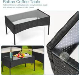 Lishetimig 4-Piece Rattan Garden Furniture Set with Glass Coffee Table & Cushions in Black - thumbnail 4