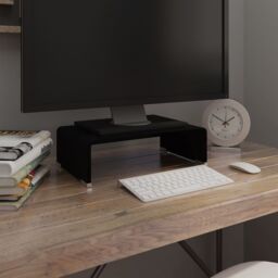 Berkfield Home TV Stand/Monitor Riser Glass Black 40x25x11 cm - Size: 40 x 25 x 11 cm - thumbnail 1