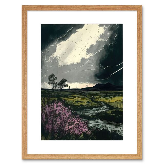 "Artery8 Wall Art Print Storm Clouds at Scottish Meadow with Heather Shrub Artwork Framed 9X7 Inch in Beige - Size: W7"" x H9""" - image 1