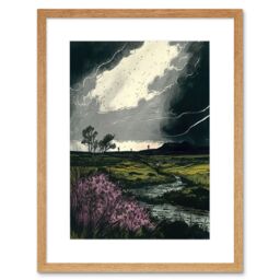 "Artery8 Wall Art Print Storm Clouds at Scottish Meadow with Heather Shrub Artwork Framed 9X7 Inch in Beige - Size: W7"" x H9""" - thumbnail 1