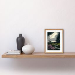 "Artery8 Wall Art Print Storm Clouds at Scottish Meadow with Heather Shrub Artwork Framed 9X7 Inch in Beige - Size: W7"" x H9""" - thumbnail 2