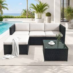 Merax Rattan Garden Corner Sofa Set with Coffee Table, Garden Furniture in Black - thumbnail 3