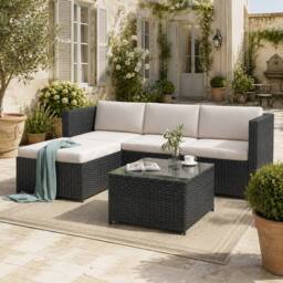 Merax Rattan Garden Corner Sofa Set with Coffee Table, Garden Furniture in Black - thumbnail 1