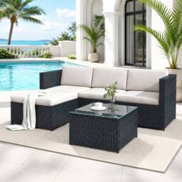 Merax Rattan Garden Corner Sofa Set with Coffee Table, Garden Furniture in Black - thumbnail 2