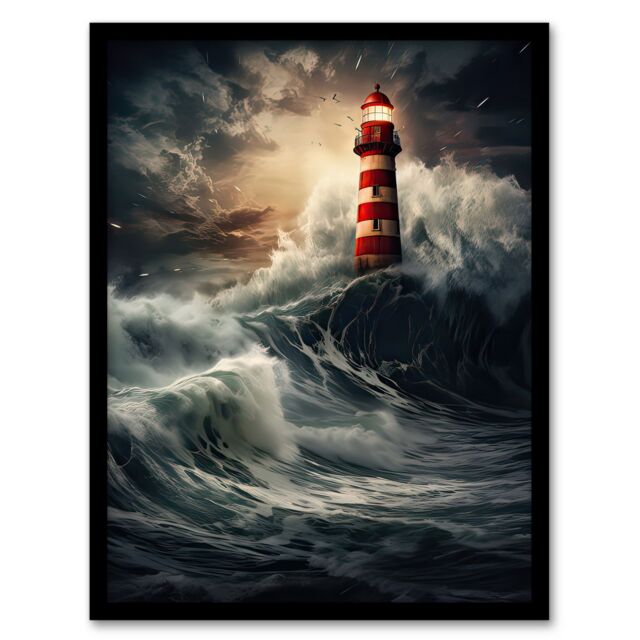 Artery8 Wall Art Print Lighthouse Against a Stormy Sea Dramatic Seascape Framed - Size: A4 - image 1