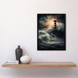 Artery8 Wall Art Print Lighthouse Against a Stormy Sea Dramatic Seascape Framed - Size: A4 - thumbnail 4