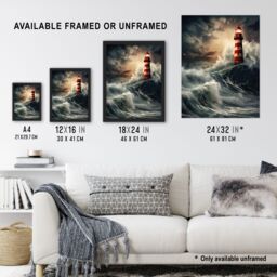 Artery8 Wall Art Print Lighthouse Against a Stormy Sea Dramatic Seascape Framed - Size: A4 - thumbnail 3
