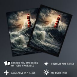 Artery8 Wall Art Print Lighthouse Against a Stormy Sea Dramatic Seascape Framed - Size: A4 - thumbnail 2