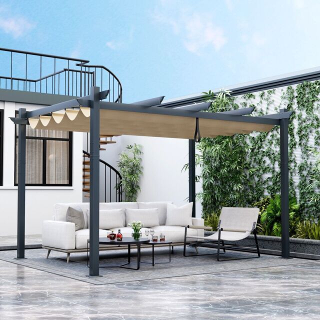 Costway Outdoor Retractable Pergola Aluminum Grill Pavilion Canopy Shelter Grape Trellis in Beige - image 1