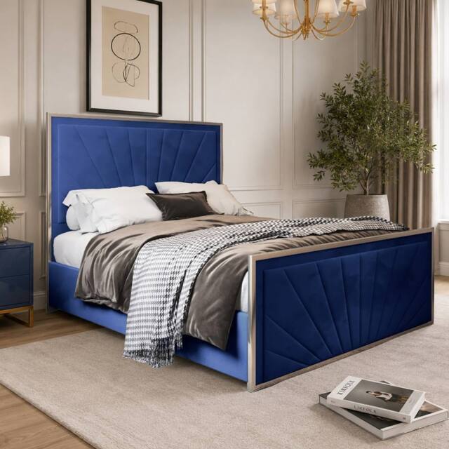 Casani Somerford Upholstered Soft Velvet Blue Metal Designer Bed Frame - Size: Single - image 1