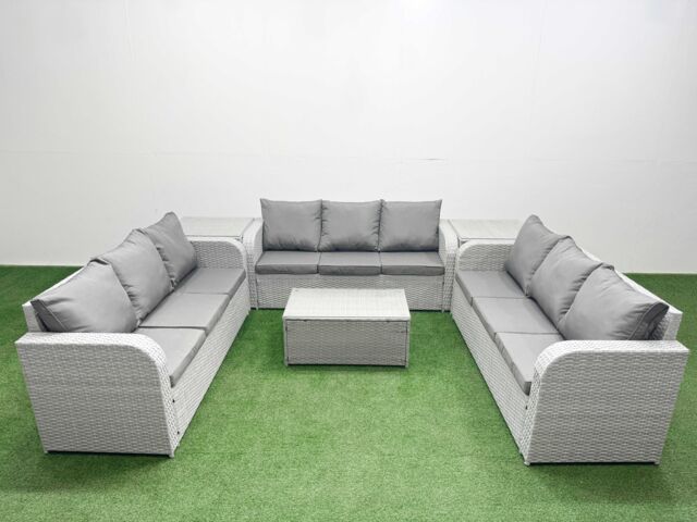 Fimous PE Rattan Lounge Sofa Set 9 Seater Outdoor Garden Furniture Set with Rectangular Coffee Table 3 Seater Sofa 2 Side Table Light Grey - image 1