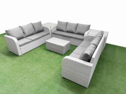 Fimous PE Rattan Lounge Sofa Set 9 Seater Outdoor Garden Furniture Set with Rectangular Coffee Table 3 Seater Sofa 2 Side Table Light Grey - thumbnail 2