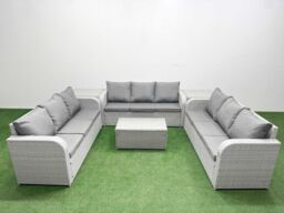 Fimous PE Rattan Lounge Sofa Set 9 Seater Outdoor Garden Furniture Set with Rectangular Coffee Table 3 Seater Sofa 2 Side Table Light Grey - thumbnail 1