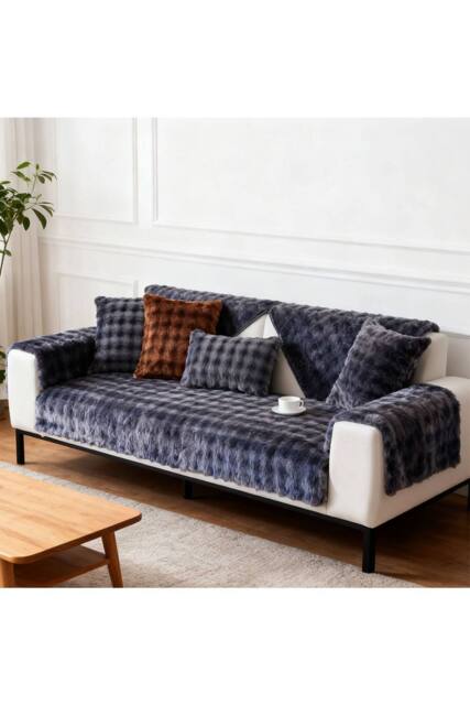 Living and Home Sleek Textured Plush Sofa Cover in Dark Grey - Size: Large - image 1
