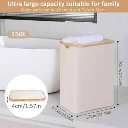 VOGREX Beige Laundry Basket Washing Storage Clothes Hamper Large Bin - thumbnail 2