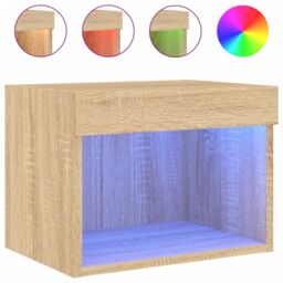 Berkfield Home Bedside Cabinet with LED Lights Wall-mounted Sonoma Oak in Brown - thumbnail 2