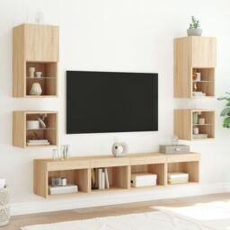 Berkfield Home Bedside Cabinet with LED Lights Wall-mounted Sonoma Oak in Brown - thumbnail 4