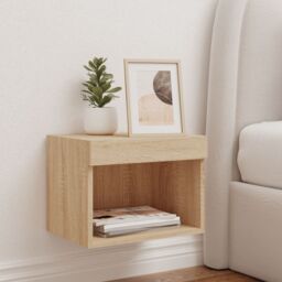 Berkfield Home Bedside Cabinet with LED Lights Wall-mounted Sonoma Oak in Brown - thumbnail 3