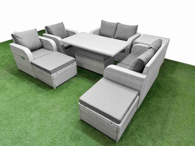 Fimous 8 Seater Outdoor Reclining Chair Love Sofa Set Rattan Garden Furniture Set w/ Adjustable Lifting Dining or Coffee Table 2 Big FootStools Side - image 1