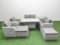 Fimous 8 Seater Outdoor Reclining Chair Love Sofa Set Rattan Garden Furniture Set w/ Adjustable Lifting Dining or Coffee Table 2 Big FootStools Side - thumbnail 2