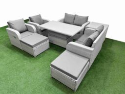 Fimous 8 Seater Outdoor Reclining Chair Love Sofa Set Rattan Garden Furniture Set w/ Adjustable Lifting Dining or Coffee Table 2 Big FootStools Side - thumbnail 1