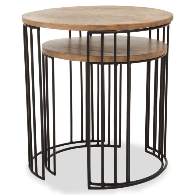 Orsina Set of 2 Mango Wood Side Tables, Cage Frame Metal Side Tables with Wooden Top, Contemporary End Table Set in Natural - image 1