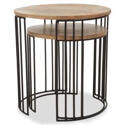 Orsina Set of 2 Mango Wood Side Tables, Cage Frame Metal Side Tables with Wooden Top, Contemporary End Table Set in Natural