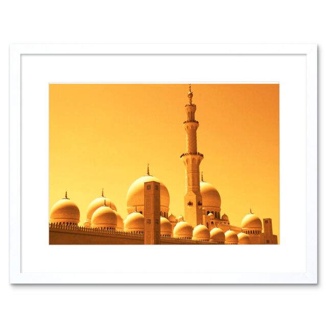 "Artery8 Wall Art Print Mosque Dubai Golden Framed in White - Size: W7"" x H9""" - image 1