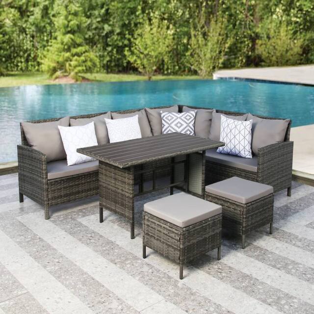 Home Garden Direct Thalia Rattan Corner Sofa Set with Polywood Table Top - 8 Seater Outdoor Furniture Set in Grey