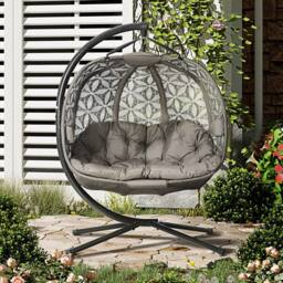 OUTSUNNY Double Hanging Swing Chair w/ Stand & Cup Holders in Brown - thumbnail 2