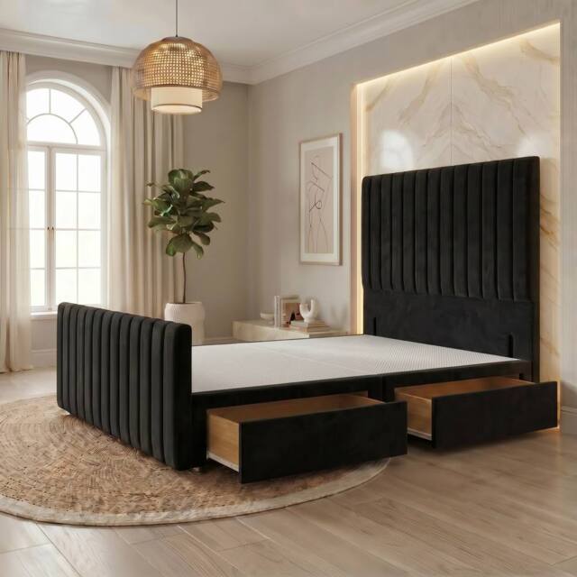 "Somnior Eleanor Velvet Divan Base 2 Drawers 54"" Headboard & 22"" Footboard in Black - Size: Small Double" - image 1