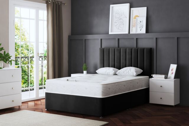 DS Living Amelia Upholstered Black Panel Divan Bed with Headboard - Size: Super King - image 1