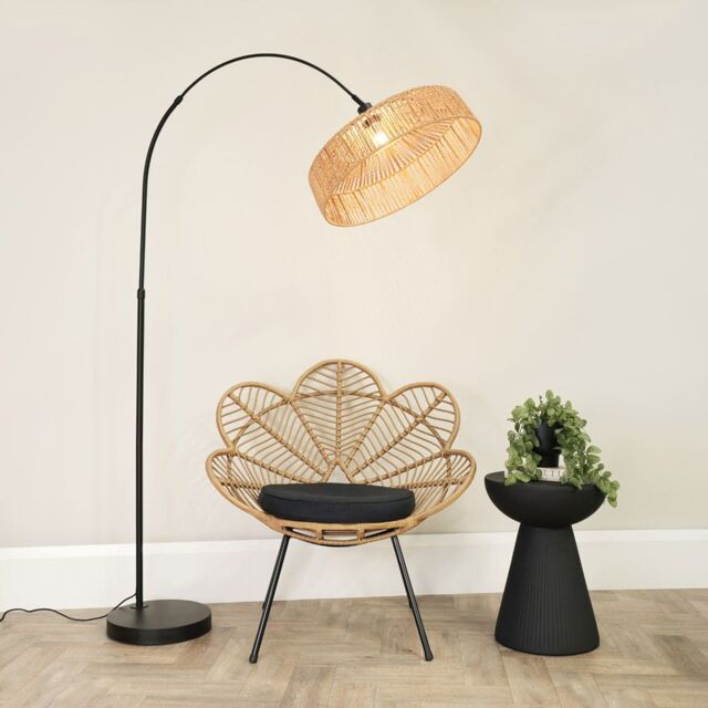 ValueLights Louis Black Arched Curved Floor Lamp with Natural Rope Lamp Shade & LED Bulb in Brown - image 1