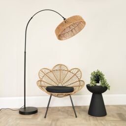 ValueLights Louis Black Arched Curved Floor Lamp with Natural Rope Lamp Shade & LED Bulb in Brown - thumbnail 3