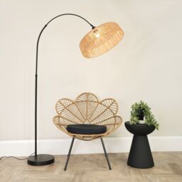 ValueLights Louis Black Arched Curved Floor Lamp with Natural Rope Lamp Shade & LED Bulb in Brown