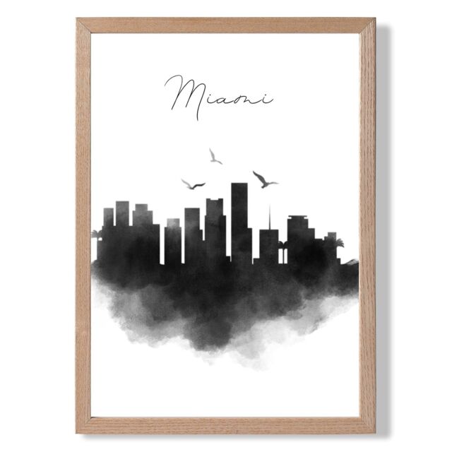 ARTZE Miami Watercolour Skyline City Framed Print SIZE: A4 with Oak Frame in Black - image 1