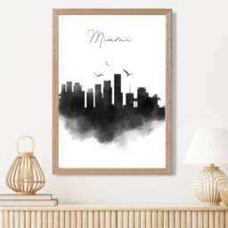 ARTZE Miami Watercolour Skyline City Framed Print SIZE: A4 with Oak Frame in Black - thumbnail 2