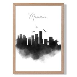 ARTZE Miami Watercolour Skyline City Framed Print SIZE: A4 with Oak Frame in Black - thumbnail 1