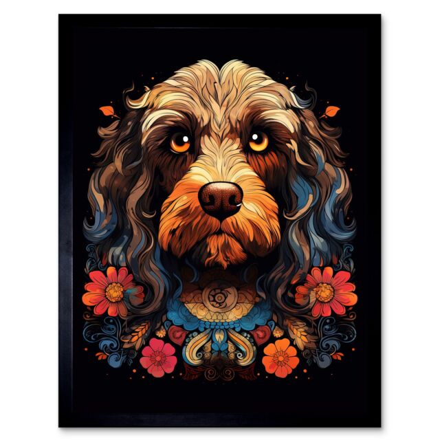 Artery8 Wall Art Print Cockapoo Dog with Ornate Collar & Flowers Symmetrical Floral Artwork Orange Pink Blue Tribal Design on Black Art Framed - image 1