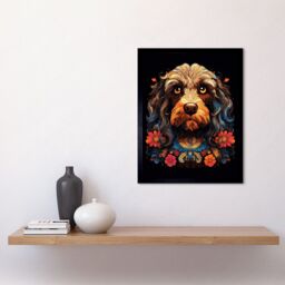 Artery8 Wall Art Print Cockapoo Dog with Ornate Collar & Flowers Symmetrical Floral Artwork Orange Pink Blue Tribal Design on Black Art Framed - thumbnail 2