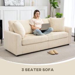 HOMCOM 212 cm Upholstered Jumbo Cord Sofa Couch with Spring Cushion, Cream - Size: 3 Seater - thumbnail 4