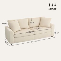 HOMCOM 212 cm Upholstered Jumbo Cord Sofa Couch with Spring Cushion, Cream - Size: 3 Seater - thumbnail 3