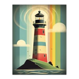 Artery8 Modern Stylised Lighthouse Flat Style Multicoloured Seascape Illustration Unframed Wall Art Print Poster Home Decor Premium - thumbnail 1